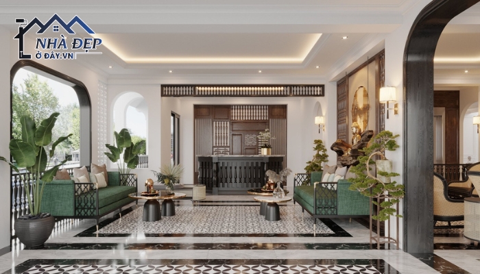 Thiết kế nội thất phòng khách biệt thự hiện đại theo phong cách Đông Dương