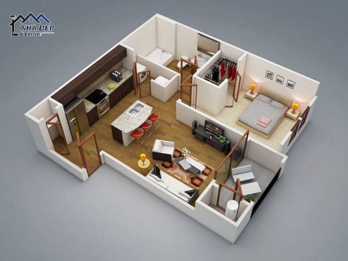 Mẫu trang trí thiết kế nội thất chung cư 50m2 1 phòng ngủ