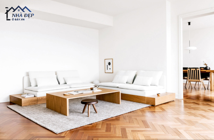 Thiết kế phòng khách chung cư cao cấp nhật bản với bộ bàn ghế gỗ đơn giản