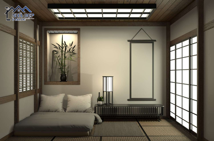 Nội thất phòng ngủ căn hộ chung cư phong cách Nhật Bản với màu xàm và be 