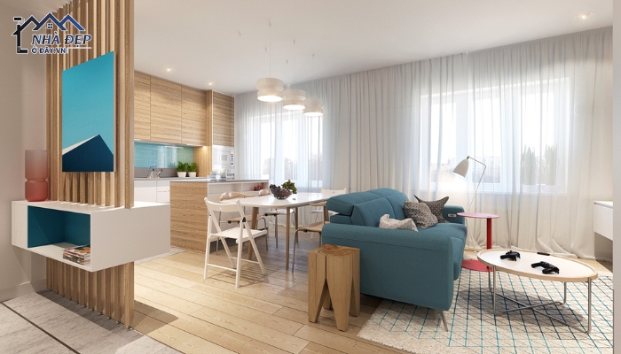 Thiết kế nội thất chung cư hiện đại 40m2 bố trí phòng khách và bếp thông nhau