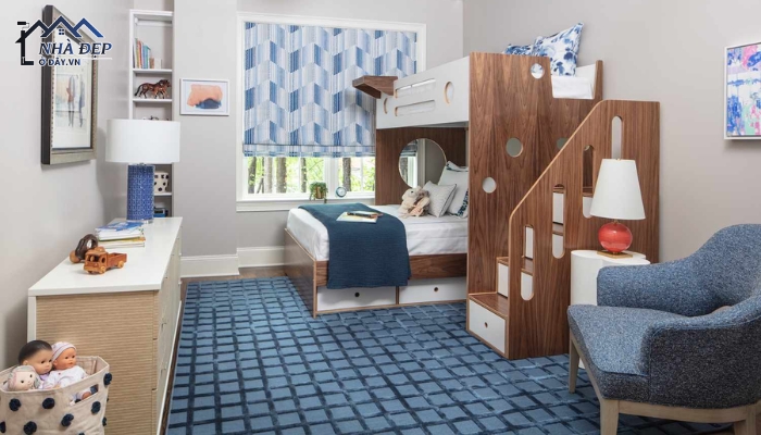 Thiết kế nội thất phòng ngủ 15m2 cho 2 bé bố trí giường tầng tiết kiệm diện tích