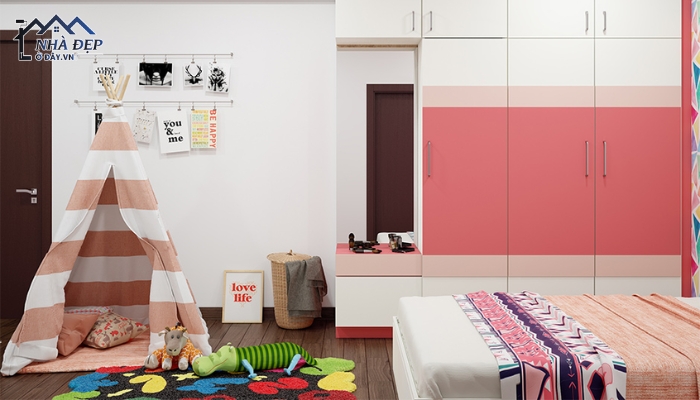 Bố trí nội thất cho phòng ngủ 15m2 bé gái sử dụng tone màu hồng chủ đạo tươi tắn