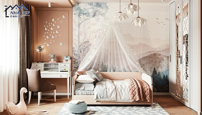 Phòng ngủ cho bé gái với các đồ nội thất màu hồng ruốc nhạt dễ thương