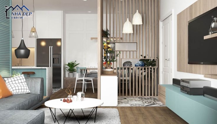 Thiết kế nội thất căn hộ 50m2 hài hòa giữa màu xanh ngọc, trắng và nâu của gỗ