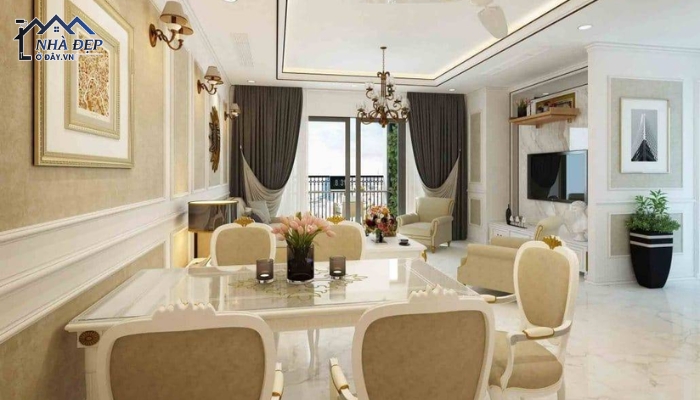 Thiết kế nội thất chung cư 116m2 tân cổ điển màu vàng champagne sang trọng