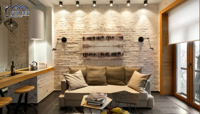 Thiết kế nội thất chung cư 40m2 hiện đại với tường giả gạch ấn tượng