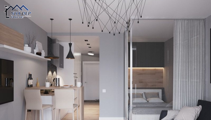 Thiết kế nội thất chung cư hiện đại 30m2 nổi bật với đèn thả trần cách điệu