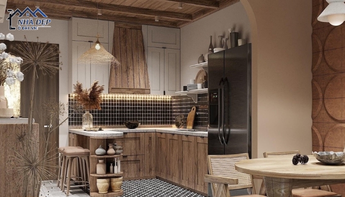 Thiết kế nội thất phòng bếp hiện đại với chất liệu gỗ phong cách Rustic