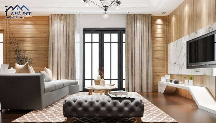 Thiết kế phòng khách với nội thất gỗ ấm cúng, thư giãn