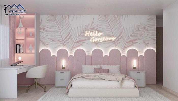 Thiết kế phòng ngủ bé gái với tone màu chủ đạo hồng - trắng 